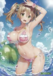 Rule 34 | 1girl, absurdres, armpits, bare shoulders, bikini, bird, bracelet, breasts, brown hair, cleavage, cloud, cloudy sky, day, food, food-themed hair ornament, front-tie bikini top, front-tie top, fruit, green eyes, hair ornament, highres, jewelry, large breasts, looking at viewer, melon hair ornament, melonbooks, navel, open clothes, open mouth, outdoors, scan, seagull, see-through, side-tie bikini bottom, sky, smile, solo, standing, swimsuit, twintails, wading, water drop, watermelon, yuuki hagure