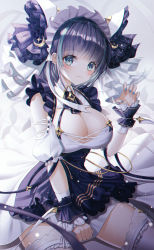 Rule 34 | 1girl, :3, absurdres, apron, azur lane, bare shoulders, breasts, cheshire (azur lane), claw pose, cleavage, closed mouth, clothing cutout, commentary request, cowboy shot, crescent, crescent hair ornament, detached sleeves, dress, ear piercing, eyelashes, female focus, frilled skirt, frills, gold trim, green hair, hair ornament, highres, hyangu, lace, lace-trimmed legwear, lace trim, large breasts, light blush, long dress, looking at viewer, maid headdress, moon (ornament), multicolored hair, nail polish, piercing, purple hair, sitting, skirt, solo, spread legs, streaked hair, thighhighs, thighs, two-tone hair, wavy mouth, white dress, white thighhighs, wrist cuffs