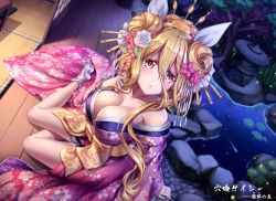 Rule 34 | 1girl, :o, arm support, bare legs, bare shoulders, blonde hair, blush, breasts, cleavage, commentary, commentary request, date a live, fireflies, floral print, flower, full body, hair between eyes, hair bun, hair flower, hair ornament, hair ribbon, highres, hoshimiya mukuro, japanese clothes, kimono, large breasts, long hair, looking at viewer, looking up, night, obi, off shoulder, on ground, outdoors, pink flower, pond, reflection, ribbon, sash, seigaiha, shooting star, shouji, single hair bun, sitting, sky, sliding doors, solo, star (sky), starry sky, tatami, tsubasaki, water, white flower, white ribbon, yellow eyes
