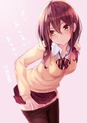 Rule 34 | 1girl, blouse, blush, bow, bowtie, breasts, brown bow, brown bowtie, brown eyes, brown hair, clothes lift, clothes pull, cowboy shot, dated, eyebrows, hair between eyes, hair ornament, hairclip, haruka natsuki, head tilt, lifting own clothes, long hair, looking away, matching hair/eyes, miniskirt, original, panties, panty pull, pantyhose, pantyhose pull, pink background, pleated skirt, ribbon, school uniform, scrunchie, shirt, simple background, skirt, skirt lift, solo, striped bow, striped bowtie, striped clothes, sweater, thighs, underwear, v-neck, white shirt