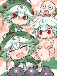 Rule 34 | 3boys, 4girls, blush, breasts, donoteat, closed eyes, green hair, groin, hat, made in abyss, mask, multicolored hair, multiple boys, multiple girls, navel, nipples, nude, oppai loli, prushka, red eyes, grabbing own breast, short hair, white hair