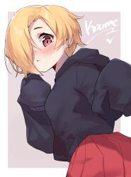 Rule 34 | 1girl, absurdres, black hoodie, blonde hair, blush, border, character name, ear piercing, flat chest, from below, from side, hair over one eye, hands up, highres, hood, hood down, hoodie, idolmaster, idolmaster cinderella girls, idolmaster cinderella girls starlight stage, long sleeves, looking at viewer, looking down, mg pong, open mouth, outside border, piercing, pink background, pleated skirt, red eyes, red skirt, shirasaka koume, short hair, shy, skirt, sleeves past fingers, sleeves past wrists, solo, white border