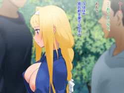 Rule 34 | 1girl, 2boys, 3d, alice zuberg, black shirt, blonde hair, blue shirt, blurry, blurry background, bow, breasts, collared shirt, commentary request, from side, grey hairband, grey shirt, hair bow, hairband, large breasts, long hair, long sleeves, multiple boys, nipples, no bra, outdoors, shiny skin, shirt, sword art online, translation request, vogelschwein, white bow