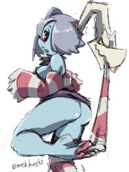 Rule 34 | 1girl, ass, blue skin, bottomless, colored skin, detached sleeves, hair over one eye, highres, leg up, leviathan (skullgirls), looking back, mtk hoshi, red eyes, removing legwear, sketch, skullgirls, solo, squigly (skullgirls), stitched mouth, stitches, striped legwear, striped sleeves, undressing, undressing another, white background, zombie