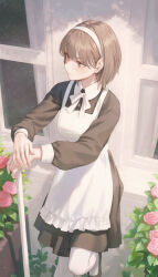 1girl apron black_dress black_footwear broom brown_eyes brown_hair cropped_legs dress flower hairband hiera12 highres looking_to_the_side maid original pantyhose pink_flower pink_rose plant rose white_apron white_pantyhose window