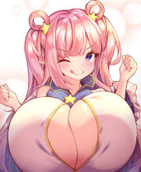 Rule 34 | 1girl, blush, bouncing breasts, breasts, cleavage, gigantic breasts, highres, hikotou (sao73cat), huge breasts, long hair, one eye closed, pink hair, purple eyes, simple background, smile, solo, tongue, wink