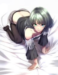 Rule 34 | 10s, 1girl, all fours, arm support, ass, back, bare shoulders, bed sheet, blue eyes, breasts, brown hair, butt crack, cleavage, collarbone, downblouse, downpants, duplicate, fashion, fringe trim, green eyes, heterochromia, highres, idolmaster, idolmaster cinderella girls, infinote, looking at viewer, mole, mole under eye, no bra, no shoes, pantyhose, pantyhose under shorts, short hair, shorts, small breasts, smile, solo, takagaki kaede