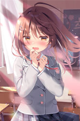 Rule 34 | 1girl, ahoge, blush, brown eyes, brown hair, chair, collared shirt, commentary request, curtains, day, desk, floating hair, grey jacket, grey skirt, hair between eyes, hair ornament, half-closed eyes, indoors, jacket, long hair, neck ribbon, open mouth, original, pan (mimi), petals, plaid, plaid skirt, pleated skirt, red ribbon, ribbon, school chair, school desk, school uniform, shirt, skirt, solo, wavy mouth, white shirt, window