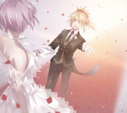 Rule 34 | 2girls, bad id, bad pixiv id, bare shoulders, black neckwear, blonde hair, braid, bride, collared shirt, commentary request, dress, fate/grand order, fate (series), flower, formal, french braid, from behind, gloves, green eyes, hair ornament, hair scrunchie, highres, holding hands, jacket, light purple hair, long sleeves, looking at another, mash kyrielight, mash kyrielight (formal dress), mordred (fate), mordred (fate/apocrypha), mordred (formal dress) (fate), multiple girls, necktie, official alternate costume, open mouth, petals, ponytail, red scrunchie, scrunchie, shirt, short hair, smile, strapless, strapless dress, suit, tsushima touko, wedding dress, white dress, white gloves, white shirt, wife and wife, yuri