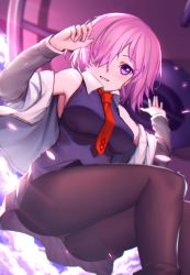 Rule 34 | 1girl, black pantyhose, blush, fate/grand order, fate (series), hair over one eye, highres, lanzi (415460661), long sleeves, looking at viewer, mash kyrielight, necktie, open mouth, pantyhose, purple eyes, purple hair, red necktie, short hair, smile, solo