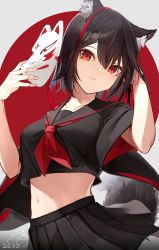 Rule 34 | 1girl, absurdres, animal ears, black hair, black sailor collar, black serafuku, black shirt, black skirt, blush, breasts, closed mouth, collarbone, commentary request, crop top, dated, eyebrows hidden by hair, fox mask, grey background, hair between eyes, hands up, highres, holding, holding mask, mask, unworn mask, mayogii, midriff, navel, neckerchief, original, pleated skirt, red background, red eyes, red neckerchief, sailor collar, school uniform, serafuku, shirt, short sleeves, signature, skirt, small breasts, solo, tail, two-tone background