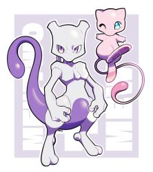 Rule 34 | artsy-rc, border, character name, commentary, creatures (company), english commentary, floating, full body, game freak, gen 1 pokemon, highres, legendary pokemon, mew (pokemon), mewtwo, mythical pokemon, nintendo, no humans, pokemon, pokemon (creature), signature, standing, white border