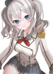 Rule 34 | 1girl, absurdres, beret, black hat, blue eyes, blush, closed mouth, collared shirt, epaulettes, grey shirt, grey skirt, hair between eyes, hat, highres, jacket, kantai collection, kashima (kancolle), kerchief, long sleeves, military, military uniform, pleated skirt, shirt, short hair, silver hair, simple background, skirt, smile, solo, twintails, uniform, white background, white jacket, yoshino (mfmfpng)