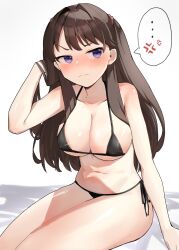 Rule 34 | ..., 1girl, anger vein, areola slip, arm up, bikini, black bikini, blush, breasts, brown hair, cleavage, collarbone, embarrassed, fujishima megumi, hand in own hair, hand rest, hashtag-only commentary, highres, large breasts, leaning forward, link! like! love live!, long hair, love live!, micro bikini, navel, nose blush, purple eyes, shadow, side-tie bikini bottom, simple background, sitting, solo, spoken anger vein, spoken ellipsis, swimsuit, tesa otaku, two side up, v-shaped eyebrows, virtual youtuber, wavy mouth, white background