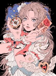 Rule 34 | 1girl, blonde hair, card, clock, dress, feathered wings, floral print, frilled dress, frilled wristband, frills, grey eyes, heart, highres, holding clock, long hair, looking afar, magical girl, original, puffy short sleeves, puffy sleeves, rose print, sanhomaydraw, short sleeves, solo, upper body, wings, wristband