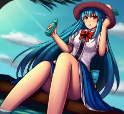 Rule 34 | 1girl, bad id, bad pixiv id, blue hair, blue sky, bottle, cloud, convenient leg, day, food, fruit, hat, highres, hinanawi tenshi, long hair, md5 mismatch, nekozombie, open mouth, peach, puffy short sleeves, puffy sleeves, red eyes, shirt, short sleeves, sitting, skirt, sky, smile, soaking feet, solo, touhou, upskirt, very long hair