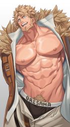 Rule 34 | 1boy, abs, bara, bare pectorals, beard, black male underwear, blonde hair, blue eyes, brown coat, coat, edging underwear, facial hair, fur-trimmed coat, fur trim, guilty gear, guilty gear strive, highres, large pectorals, leo whitefang, looking at viewer, male focus, male pubic hair, male underwear, male underwear peek, muscular, muscular male, navel, nipples, nullq (nullqllun), open clothes, open coat, open fly, open mouth, open pants, open shirt, pants, pectorals, pubic hair, shirt, short hair, smile, solo, sweatdrop, teeth, underwear, white background, white shirt