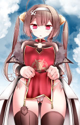 Rule 34 | 1girl, absurdres, azur lane, blush, breast cutout, breasts, brown hair, brown thighhighs, china dress, chinese clothes, clothes lift, cloud, cloudy sky, covered erect nipples, cowboy shot, dress, dress lift, eyelashes, from below, fur trim, gluteal fold, gold trim, hair intakes, hair ornament, hairband, highres, jacket, long hair, looking at viewer, looking down, medium breasts, oouso, open mouth, outdoors, panties, ping hai (azur lane), print dress, red eyes, shadow, side-tie panties, sidelocks, sky, sleeveless, sleeveless dress, solo, thighhighs, thighs, twintails, underwear, white jacket, white panties