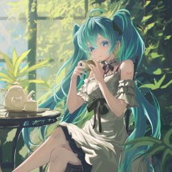 Rule 34 | 1girl, absurdres, blue eyes, blue hair, chair, choker, crossed legs, cup, detached sleeves, dress, frilled choker, frills, hair ribbon, hatsune miku, highres, holding, holding cup, long hair, looking at viewer, nail polish, no renor en, plant, ribbon, short sleeves, sitting, sleeveless, sleeveless dress, smile, solo, table, teacup, teapot, twintails, very long hair, vocaloid, window