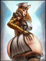 Rule 34 | 1girl, ass, blonde hair, breasts, curvy, hand on own ass, hat, highres, huge ass, huge breasts, long hair, looking at viewer, looking back, orange eyes, paletress (world of warcraft), priestess, tabard, thick lips, thick thighs, thighhighs, thighs, turning head, vempire, warcraft, wide hips, world of warcraft