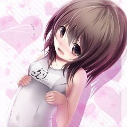 Rule 34 | 1girl, aircraft, airplane, arms at sides, blush, breasts, brown eyes, brown hair, collarbone, covered navel, dutch angle, fighter jet, full-face blush, hair between eyes, heart, heart background, highres, jet, looking at viewer, matching hair/eyes, military, military vehicle, missile228, name tag, one-piece swimsuit, open mouth, original, petite, pink background, school swimsuit, shadow, small breasts, solo, striped, striped background, swimsuit, wavy mouth, white one-piece swimsuit, white school swimsuit