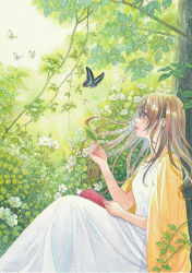 Rule 34 | 1girl, against tree, book, brown eyes, brown hair, bug, butterfly, cape, day, dress, flower, green butterfly, highres, holding, holding leaf, insect, k.nishiyama, leaf, looking at animal, nail polish, open book, outdoors, pink nails, plant, profile, sitting, tree, vines, white butterfly, white dress, yellow cape