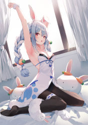 Rule 34 | 1girl, absurdres, animal ears, armpits, arms up, bare arms, bare shoulders, bed, black leotard, black pantyhose, blue hair, blue ribbon, bow, braid, breasts, carrot hair ornament, cleavage, coat, curtains, don-chan (usada pekora), food-themed hair ornament, fur scarf, hair bow, hair ornament, highres, hololive, leotard, light blue hair, long hair, looking at viewer, medium breasts, multicolored hair, munseonghwa, no shoes, open mouth, pantyhose, pekomon (usada pekora), rabbit ears, red eyes, ribbon, scrunchie, short eyebrows, sitting, solo, strapless, strapless leotard, stuffed toy, sunlight, twin braids, twintails, two-tone hair, usada pekora, usada pekora (1st costume), virtual youtuber, waking up, wariza, white coat, white hair, window, wrist scrunchie