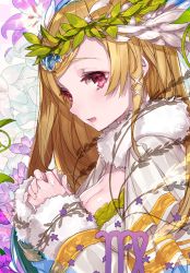 Rule 34 | 1girl, blonde hair, breasts, cleavage, dress, forehead jewel, from side, fur trim, hair ornament, hands up, highres, laurel crown, long hair, long sleeves, looking at viewer, looking to the side, medium breasts, mika pikazo, original, own hands together, red eyes, smile, solo, upper body, virgo (symbol), virgo (zodiac), white dress, x hair ornament, zodiac