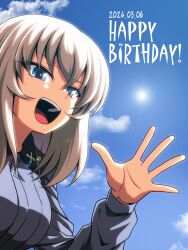 Rule 34 | 1girl, absurdres, birthday, blue eyes, blue sky, cloud, cloudy sky, commentary, dated, day, dress shirt, english text, girls und panzer, grey hair, grey shirt, happy birthday, highres, insignia, itsumi erika, kamishima kanon, kuromorimine school uniform, long sleeves, looking at viewer, medium hair, open mouth, outdoors, school uniform, shirt, sky, smile, solo, waving, wing collar