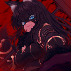 Rule 34 | 1girl, animal ear fluff, animal ears, black bodysuit, black hair, black mask, blood, blood on face, blue eyes, bodysuit, breasts, closed mouth, commentary request, delta (kage no jitsuryokusha ni naritakute!), evil grin, evil smile, floating hair, fur collar, grin, kage no jitsuryokusha ni naritakute!, lips, long hair, mask, medium breasts, pink lips, red background, smile, solo, upper body, wolf ears, wolf girl, yi dui po shi de mou ren