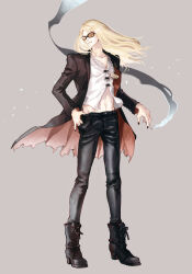 Rule 34 | 1boy, black footwear, black jacket, black nails, black pants, blonde hair, blue eyes, boots, cigarette, fate/grand order, fate (series), flapper shirt, full body, highres, holding, holding cigarette, jacket, jewelry, long hair, looking at viewer, male focus, medallion, midriff, midriff peek, necklace, open clothes, open jacket, orange-tinted eyewear, pants, shirt, simple background, smoke, solo, sunglasses, tezcatlipoca (fate), tinted eyewear, torn clothes, user aftf2285, white background, white shirt