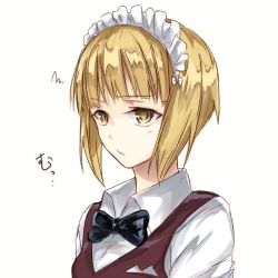 Rule 34 | 1girl, bad id, bad twitter id, bartender, black bow, black bowtie, blonde hair, blunt bangs, bow, bowtie, brown vest, closed mouth, commentary, cutlass (girls und panzer), dress shirt, frown, girls und panzer, handkerchief, long sleeves, looking to the side, maid headdress, portrait, pout, school uniform, shirt, short hair, simple background, sketch, solo, squiggle, translated, vest, white background, white shirt, wing collar, yellow eyes, yuuyu (777)