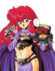 Rule 34 | ..., 1990s (style), 1boy, 1girl, armor, blue eyes, branmarker, brown hair, cape, chibi, constricted pupils, elbow gloves, fingerless gloves, glint, gloves, hair tubes, highres, long hair, nail polish, navel, non-web source, open mouth, pauldrons, pelvic curtain, pink nails, purple gloves, red hair, retro artstyle, scan, shami (branmarker), shoulder armor, simple background, size difference, solo focus, speech bubble, spoken ellipsis, tears, white background