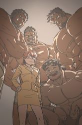 Rule 34 | 1girl, 4boys, abs, bara, beard, boxers, brown male underwear, bulge, chest hair, crossed arms, dobito mn, facial hair, fangs, from below, giant, giant male, glasses, grin, highres, large pectorals, looking at viewer, male underwear, mature male, multiple boys, muscular, muscular male, mustache, navel, no nipples, orc, original, pectorals, short hair, sideburns, size difference, smile, spiked hair, squatting, stomach, stubble, topless male, underwear, underwear only, unfinished