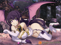 Rule 34 | 1girl, ass, asymmetrical gloves, breasts, chuunioniika, cleavage, demon girl, demon tail, demon wings, earrings, elbow gloves, female focus, frills, garter straps, gloves, highres, jewelry, large breasts, lilim (shinkai no valkyrie), long hair, looking at viewer, mismatched gloves, no panties, pointy ears, purple eyes, purple hair, revision, shinkai no valkyrie, sketch, smile, solo, tail, watermark, web address, white gloves, white legwear, wings