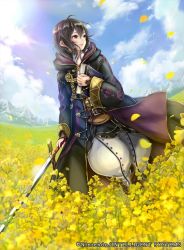 Rule 34 | 1girl, black hair, book, boots, company name, copyright name, field, fire emblem, fire emblem awakening, fire emblem cipher, flower, flower field, full body, gloves, holding, holding sword, holding weapon, hood, hood down, hooded jacket, jacket, long sleeves, looking away, morgan (female) (fire emblem), morgan (fire emblem), nintendo, official art, pants, pants tucked in, pisuke, purple jacket, short hair, smile, solo, sword, weapon, white pants