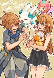 Rule 34 | 1boy, 1girl, blue eyes, breasts, brother and sister, brown hair, character request, copyright name, lann (woff), long hair, open mouth, payu (pyms11), reynn (woff), siblings, simple background, skirt, smile, spiked hair, world of final fantasy