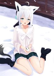 Rule 34 | 1girl, absurdres, ahoge, animal ear fluff, animal ears, beret, black footwear, black hat, blush, boots, braid, commentary request, fox ears, fox girl, fox tail, frilled skirt, frills, green eyes, green skirt, hair between eyes, hat, highres, holding, hololive, long hair, long sleeves, looking at viewer, miyakoshin053, open hands, open mouth, shirakami fubuki, shirakami fubuki (street), shirt, sidelocks, single braid, sitting, skirt, snow, snow rabbit, solo, tail, virtual youtuber, wariza, white hair, white shirt