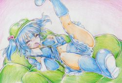 Rule 34 | 1girl, backpack, bad id, bad pixiv id, bag, blue hair, blush, boots, breasts, colored pencil (medium), closed eyes, hair bobbles, hair ornament, hat, highres, kawashiro nitori, key, kitazinger, leg up, open mouth, rubber boots, short hair, solo, touhou, traditional media, twintails, two side up