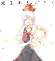 Rule 34 | 1girl, 6 (yuchae), blouse, blue hair, blush, bouquet, cowboy shot, crying, closed eyes, flower, happy tears, hat, highres, kamishirasawa keine, long hair, multicolored hair, neck ribbon, open mouth, ribbon, round teeth, shirt, solo, tears, teeth, touhou, translated, white background, white hair