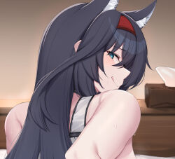 Rule 34 | 1girl, :q, absurdres, animal ears, arknights, bare arms, bare shoulders, black hair, blaze (arknights), cat ears, commentary request, highres, indoors, kanta (kanta 077), long hair, looking at viewer, red eyes, smile, solo, tail, tank top, tissue box, tongue, tongue out, very long hair, white tank top