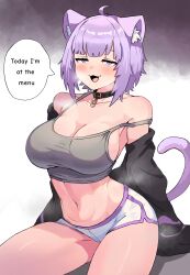 Rule 34 | 1girl, :3, absurdres, ahoge, animal collar, animal ear fluff, animal ears, bare shoulders, black collar, black jacket, blush, breasts, cat ears, cat girl, cat tail, collar, crop top, dolphin shorts, english text, grey shirt, half-closed eyes, highres, hololive, jacket, large breasts, looking at viewer, midriff, navel, nekomata okayu, open clothes, open jacket, open mouth, purple eyes, purple hair, shirt, short hair, shorts, sidelocks, sitting, sleeveless, sleeveless shirt, solo, speech bubble, strap slip, tail, thighs, typo, virtual youtuber, wersman, white shorts