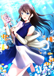 Rule 34 | :d, absurdres, bare shoulders, beige jacket, blue eyes, branch, brown hair, cherry blossoms, clownfish, commentary request, dress, fish, highres, holding, holding branch, huge filesize, long hair, looking at viewer, moe2020, off-shoulder jacket, off shoulder, open mouth, original, sleeveless, sleeveless dress, smile, solo, tropical fish, tsuyunominaduki, underwater