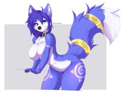 Rule 34 | 1girl, :3, animal ears, animal hands, animal nose, arched back, arm tattoo, artist name, blue eyes, blue fur, blue hair, body fur, border, breasts, claws, closed mouth, collar, collarbone, completely nude, cowboy shot, cropped legs, earrings, english text, fox ears, fox girl, fox tail, from side, furry, furry female, gold, grey background, happy, heart, highres, jewelry, krystal, large breasts, leaning forward, leg tattoo, looking at viewer, medium hair, multiple earrings, navel, nintendo, no nipples, nude, outside border, own hands together, sidelocks, signature, simple background, smile, snout, standing, star fox, stomach, tail, tail ornament, tail raised, tail ring, tattoo, teranen, thick thighs, thighs, two-tone fur, white border, white fur, wide hips