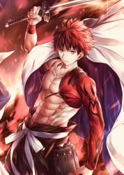 Rule 34 | 1boy, abs, arm up, cape, closed mouth, collarbone, cowboy shot, emiya shirou, fate/grand order, fate/stay night, fate (series), fire, frown, glint, highres, holding, holding sword, holding weapon, igote, katana, limited/zero over, male focus, muscular, navel, orange hair, red ribbon, ribbon, sash, senji muramasa (fate), shinkami hiroki, solo, sparks, sword, topless male, weapon, white ribbon, yellow eyes