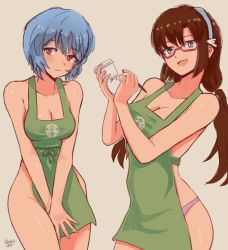 Rule 34 | 2girls, apron, ayanami rei, barista, blue hair, breasts, brown hair, cleft of venus, coffee cup, covering privates, covering crotch, cup, disposable cup, embarrassed, evangelion: 2.0 you can (not) advance, glasses, highres, iced latte with breast milk (meme), makinami mari illustrious, meme, multiple girls, naked apron, neon genesis evangelion, nude, panties, panty peek, rebuild of evangelion, red eyes, ryness, underwear