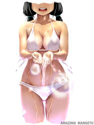 Rule 34 | 1girl, amazima mangetu, artist name, bikini, black hair, breasts, cleavage, cowboy shot, facing viewer, head out of frame, long hair, low twintails, open mouth, original, simple background, solo, swimsuit, twintails, upper body, water, white background, white bikini