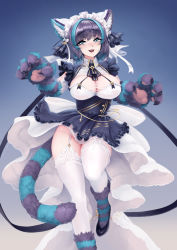 Rule 34 | 1girl, :d, animal ear fluff, animal ears, animal hands, aqua eyes, aqua hair, azur lane, barbariank, blue background, blush, breasts, cat ears, cat girl, cat tail, cheshire (azur lane), cheshire cat (monster girl encyclopedia), claws, commentary, dress, english commentary, eyes visible through hair, fur, fusion, garter straps, gradient background, highres, large breasts, looking at viewer, maid headdress, monster girl, monster girl encyclopedia, monsterification, multicolored hair, name connection, open mouth, purple hair, simple background, smile, solo, streaked hair, striped tail, tail, thighhighs, two-tone hair, underbust, white garter straps, white thighhighs