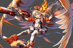 Rule 34 | 1girl, angel, boots, cross, fire, fire, flying, full body, gloves, gun, hat, jacket, kamihime project r, looking at viewer, navel, purple eyes, simple background, skirt, tagme, thighs, uriel (kamihime), weapon, white hair, wings, wink