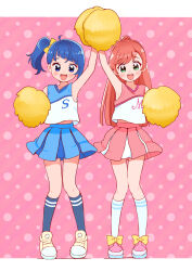 2girls alternate_costume arm_up blue_eyes blue_hair blue_shirt blue_skirt blue_socks cheerleader commentary_request cut_bangs green_eyes hair_bun hair_ribbon highres hirogaru_sky!_precure holding holding_pom_poms kneehighs kyanos_(b_0000ff) long_hair looking_at_viewer matching_outfits medium_hair midriff_peek miniskirt multiple_girls nijigaoka_mashiro open_mouth partial_commentary pink_background pink_footwear pink_hair pink_shirt pink_skirt pleated_skirt polka_dot polka_dot_background pom_pom_(cheerleading) pom_poms precure ribbon shirt shoes side-by-side side_ponytail single_hair_bun single_sidelock skirt sleeveless sleeveless_shirt smile sneakers socks sora_harewataru standing white_socks yellow_footwear yellow_ribbon